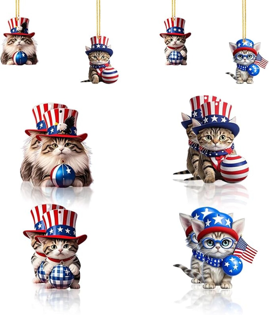 4th of July Hanging Decorations Independence Day Ball Cat Ornaments USA 250th Anniversary Patriotic Tree Decor Acrylic Red Blue White Ornaments for Memorial Day Party 8 Pcs